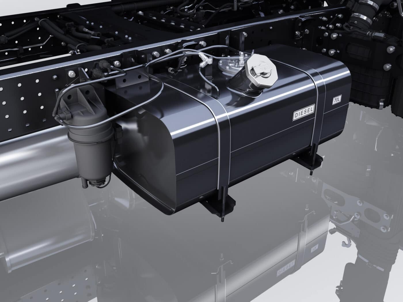 The FUSO 100 l Fuel Tank is installed on the right side of the chassis frame instead of the standard 70 l. The 70 l spare fuel tank offers you an increased driving range, can be used as an addition to your 100 l fuel tank and serves as a range extender.